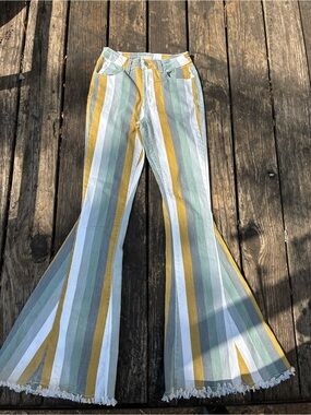 Striped Flare Jeans in Sage, Mustard & White